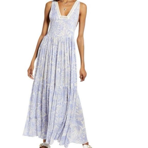 Free People Blue White Floral Tiers for You Maxi Dress Crochet Trim Boho Summer - Picture 2 of 16